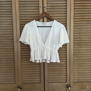 White V-Neck Ribbed Peplum Top